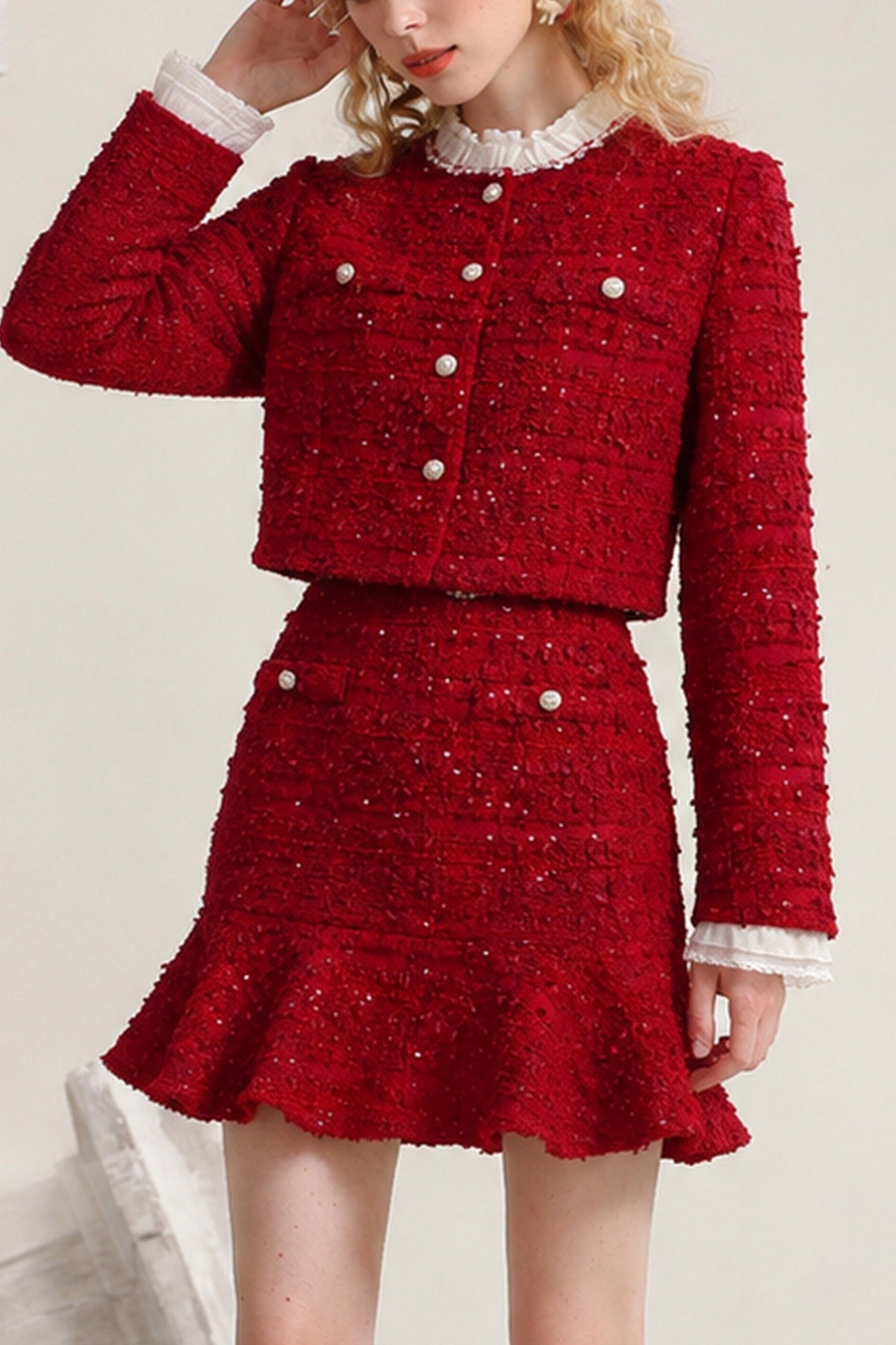 Red Short Jacket and Half Skirt Set