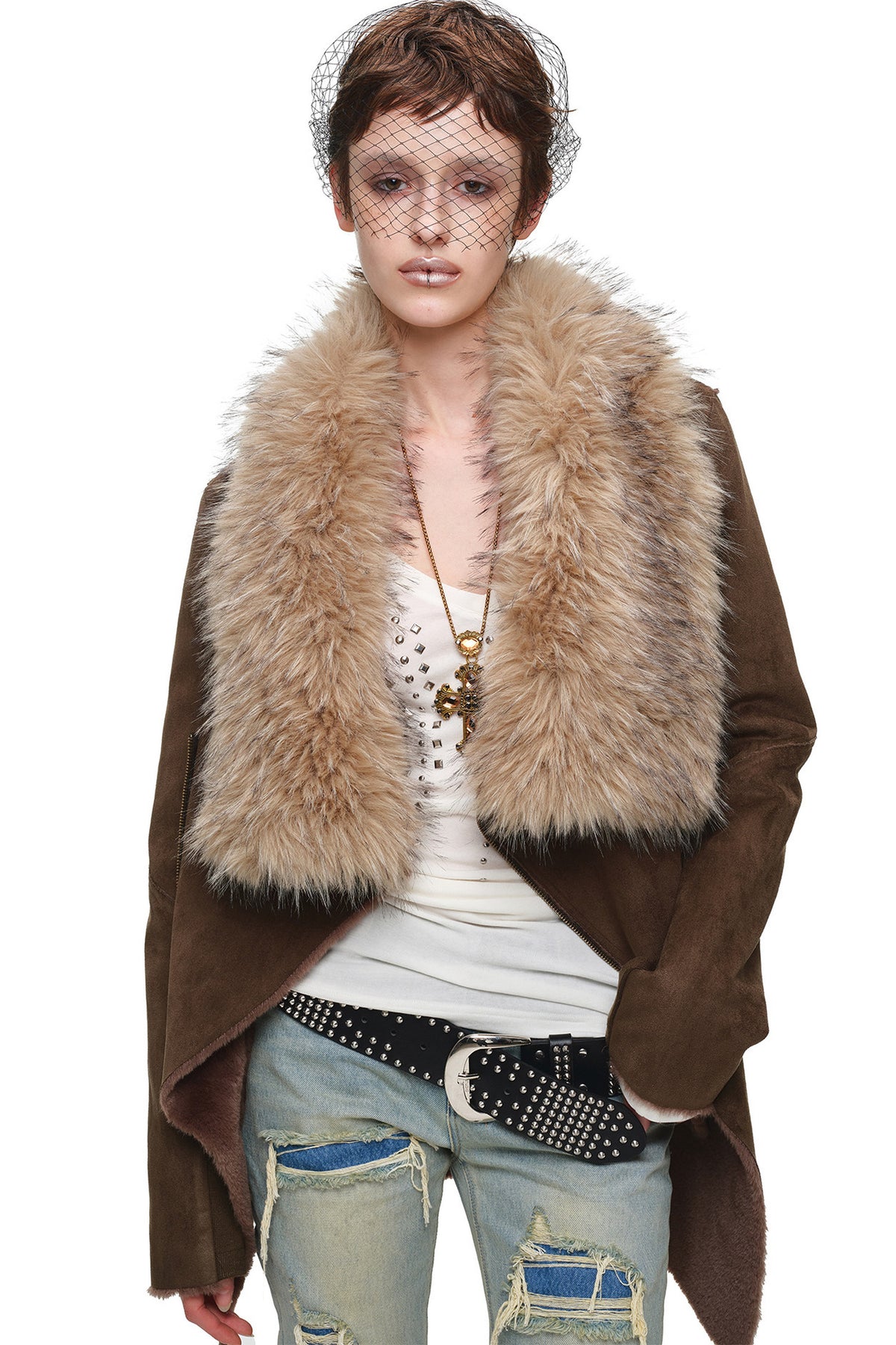 Suede Detachable Fur Collar Coat