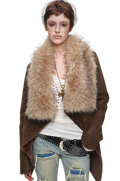 Suede Detachable Fur Collar Coat