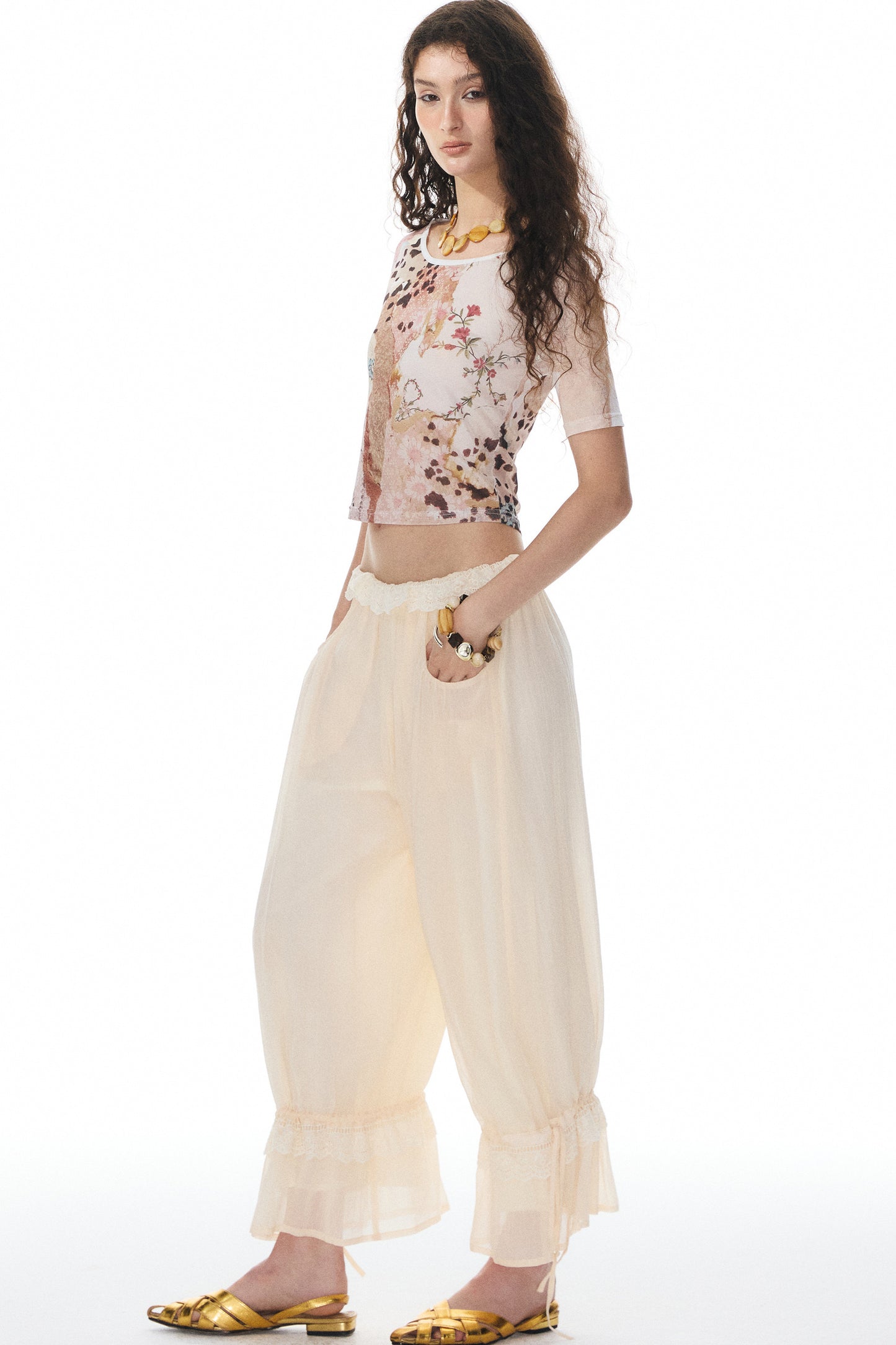 Beige Lace Lantern Pants