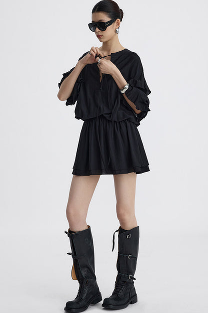 Black V-Neck Ruffle Lantern Sleeve Dress