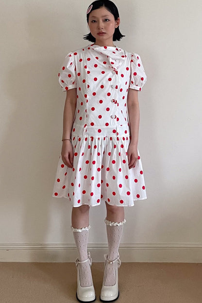 Red Retro Polka Dot Bubble Sleeve Dress