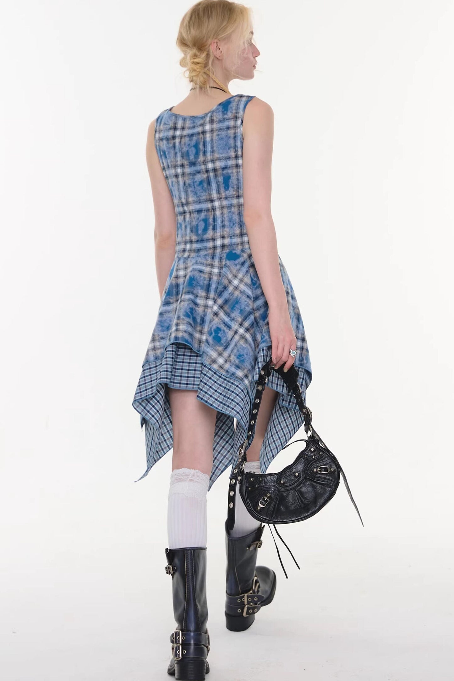 Irregular Blue Plaid Camisole Dress