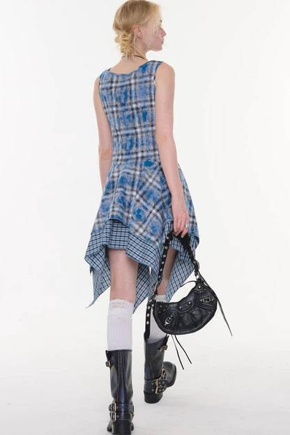 Irregular Blue Plaid Camisole Dress