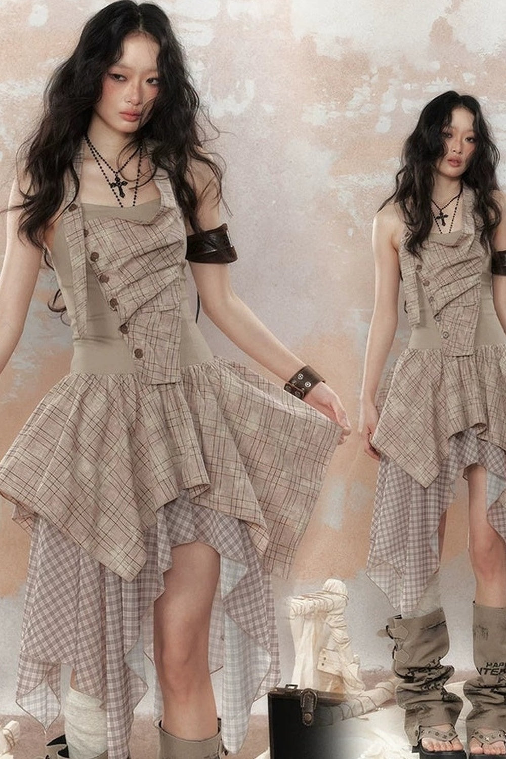 Plaid Asymmetrical Halter Dress
