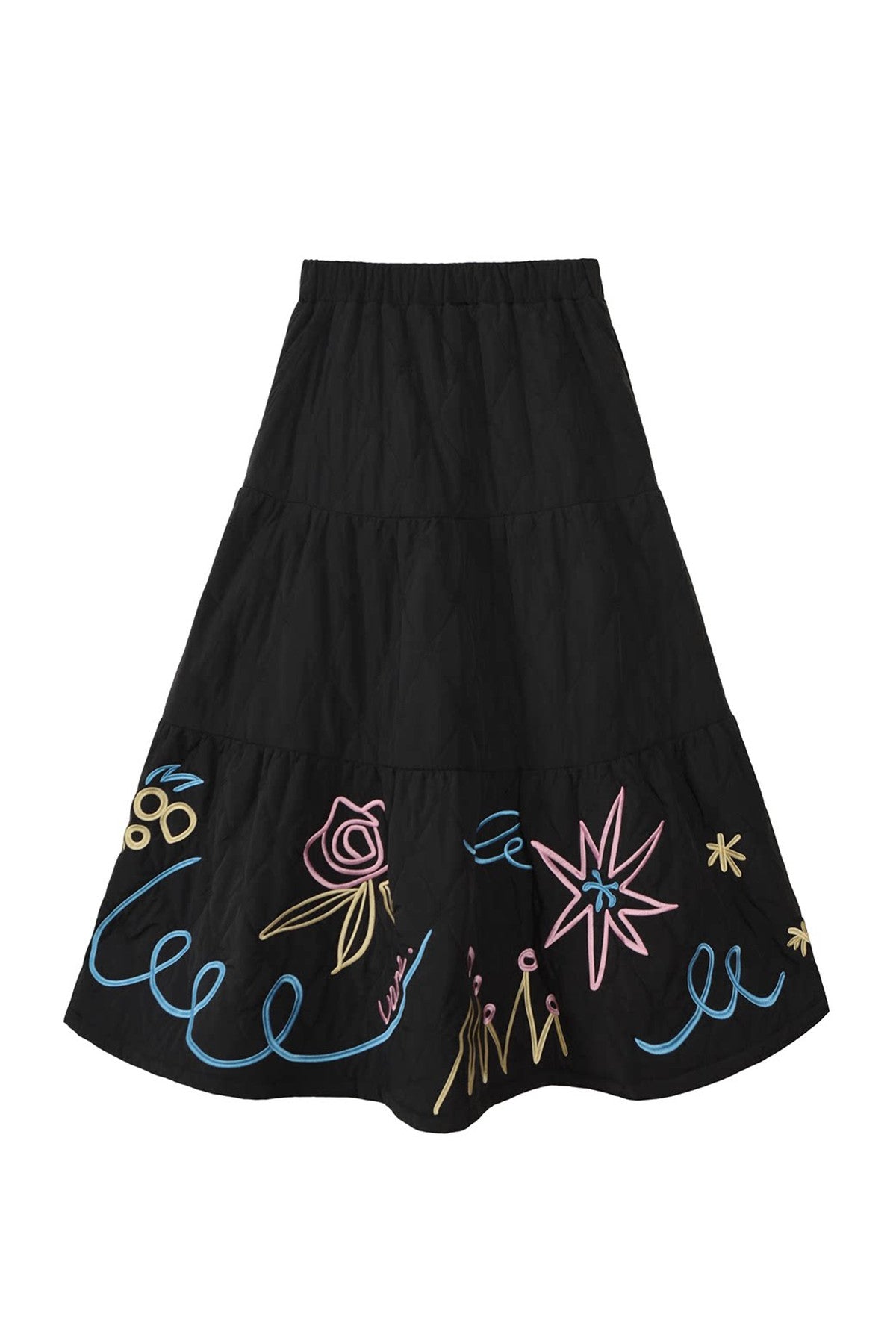 Floral Embroidered Quilted A-Line Tiered Skirt