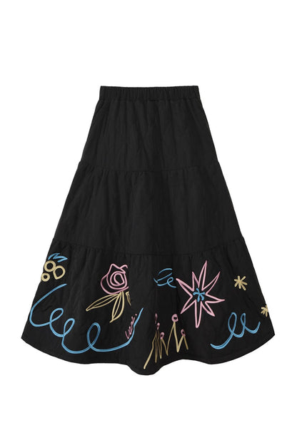 Floral Embroidered Quilted A-Line Tiered Skirt