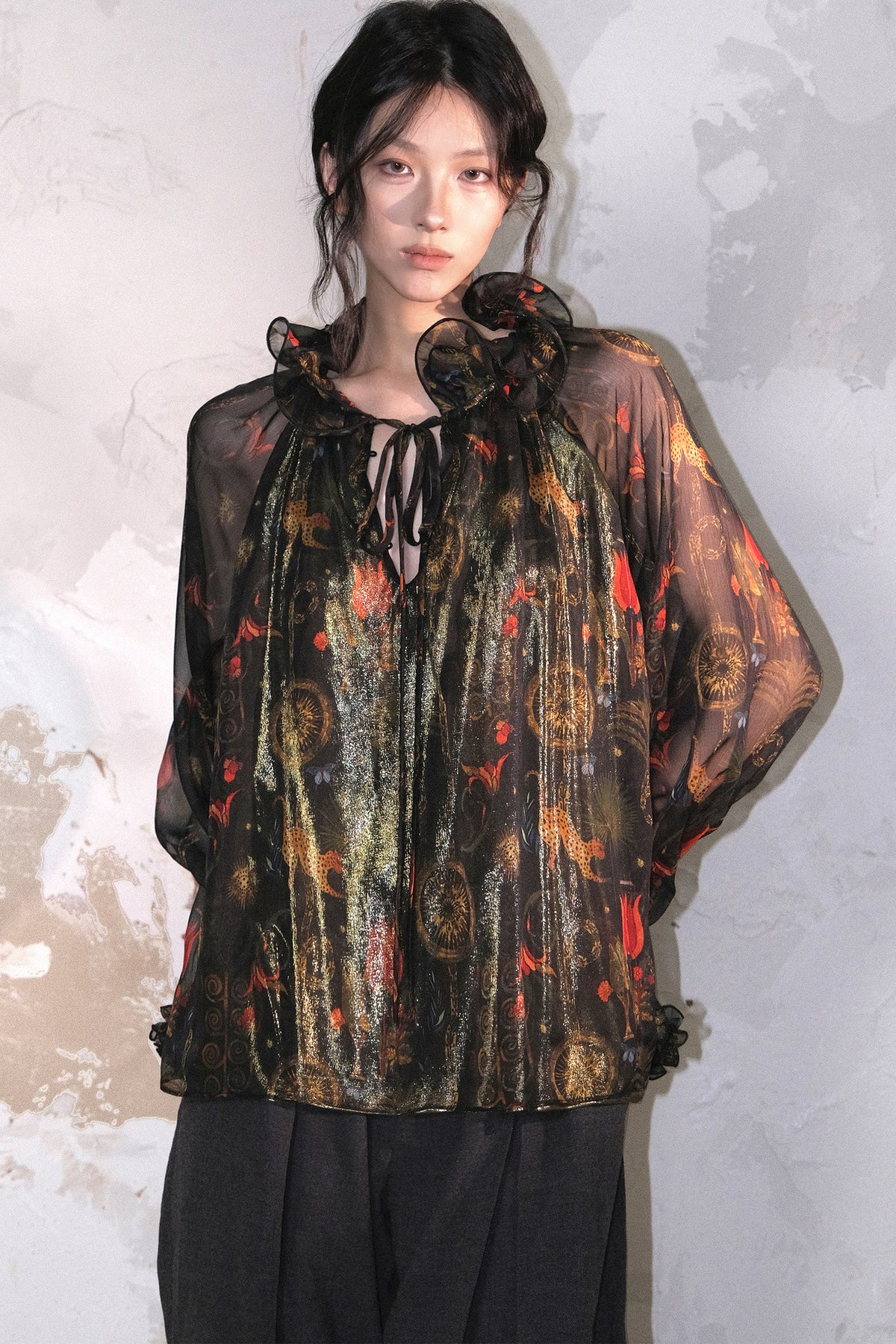 Glossy Printed Ruffle Collar Blouse