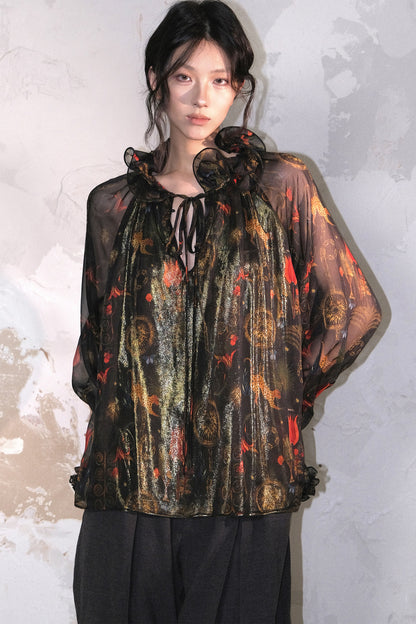 Glossy Printed Ruffle Collar Blouse