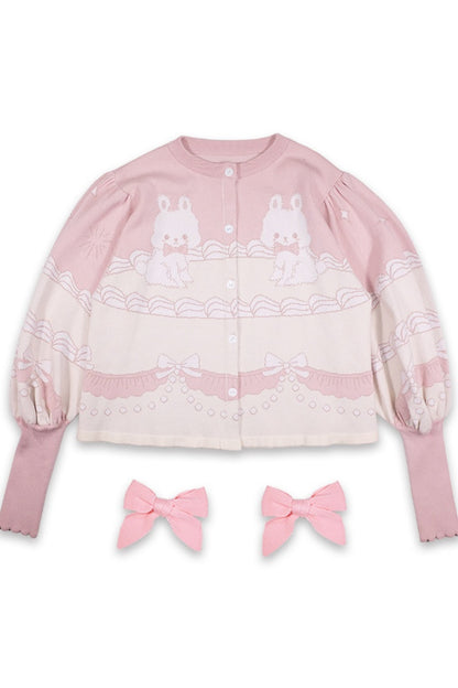 Cardigan a maglia con fiocco e coniglio