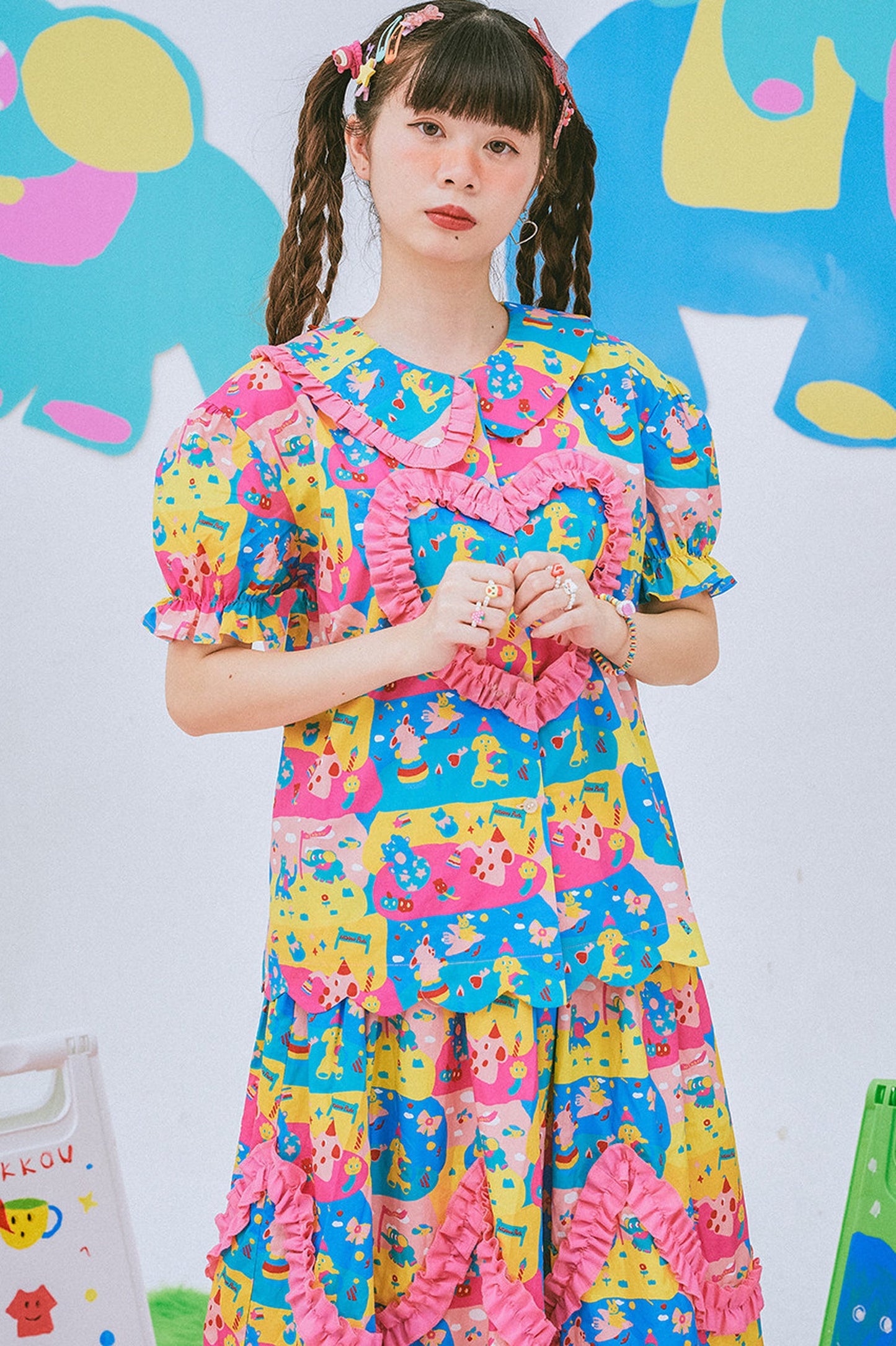 Kindergarten Paradise Print Puff Sleeve Shirt