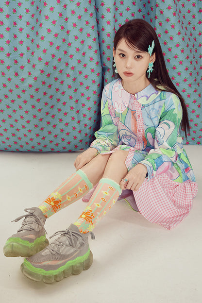Floral Jacquard Striped Mid-Calf Socks