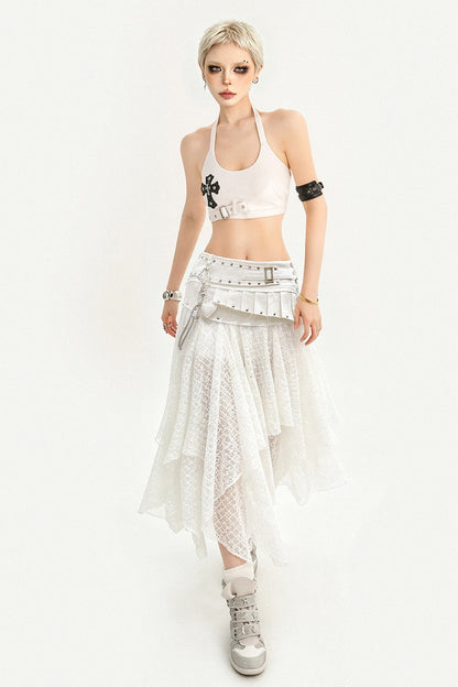 White Cross Print Studded Halter Top