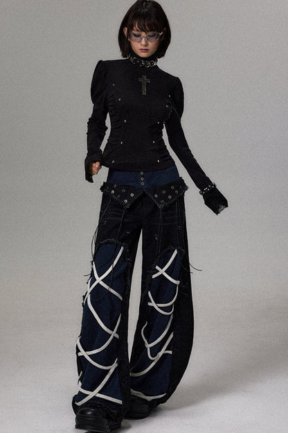Scimitar Irregular Tie Wide-Leg Denim Sweatpants