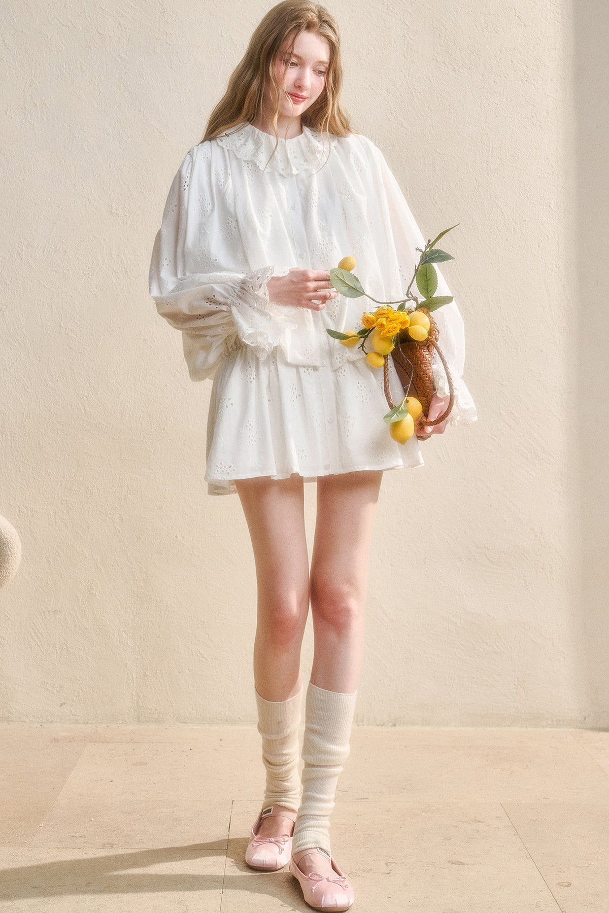 Long-Sleeved Cotton Embroidered Shirt Dress