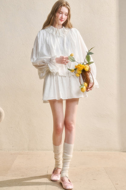 Long-Sleeved Cotton Embroidered Shirt Dress