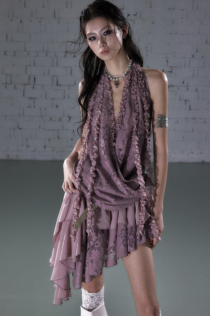 Abito halter con ruches in pizzo