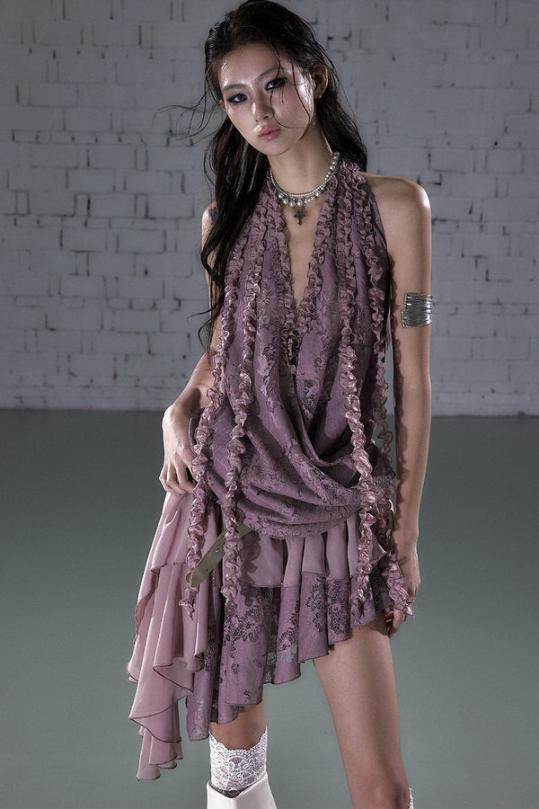 Lace Ruffled Halter Dress