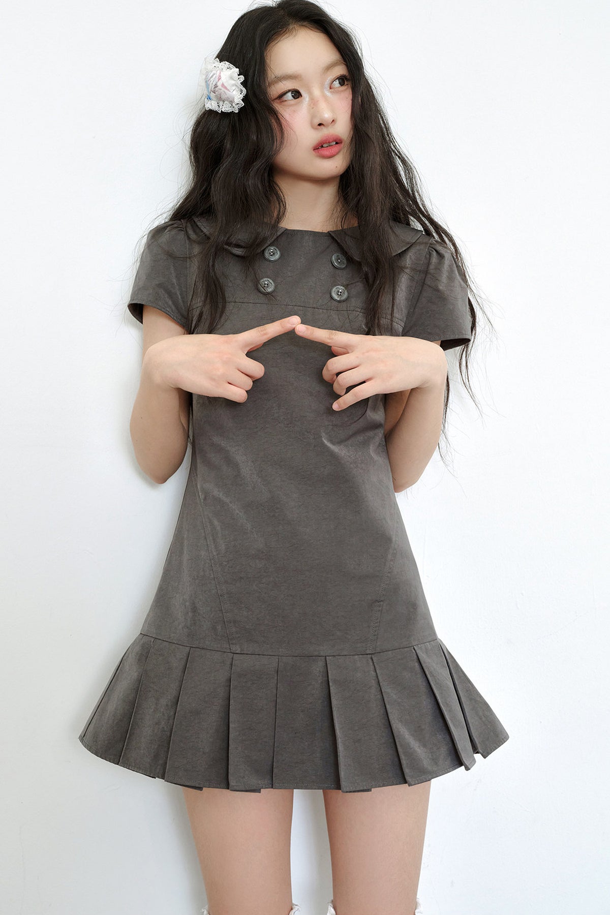 Gray Low-Waist Double-Breasted Patchwork Pleated Dress