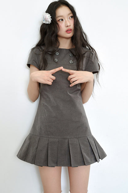 Gray Low-Waist Double-Breasted Patchwork Pleated Dress