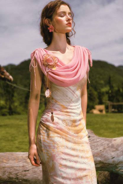 Long Floral Draped Collar Dress Set-Up