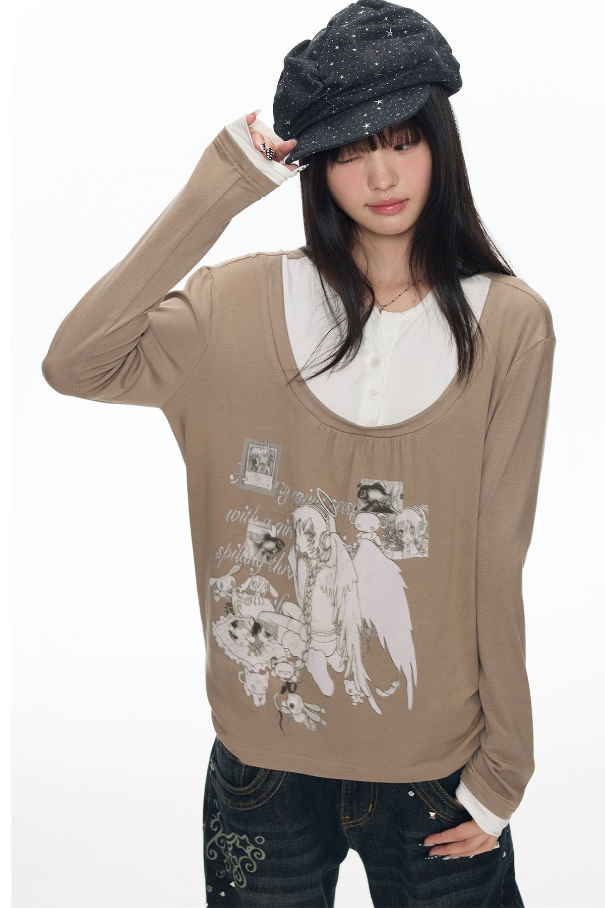 Brown Layered-Look Long Sleeve T-Shirt