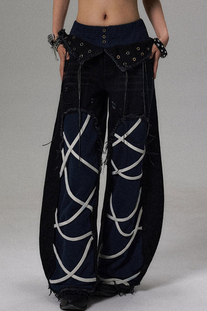 Scimitar Irregular Tie Wide-Leg Denim Sweatpants