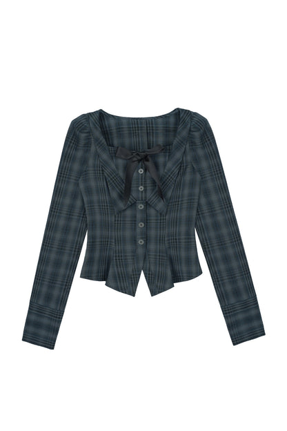 Blue Black Plaid Square Neck Shirt