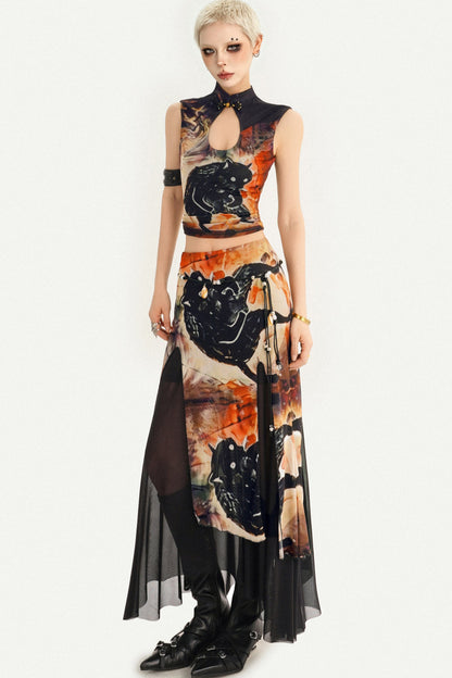 Oriental Ink Painting Print Double-Layer Mesh Tank Top Set-Up