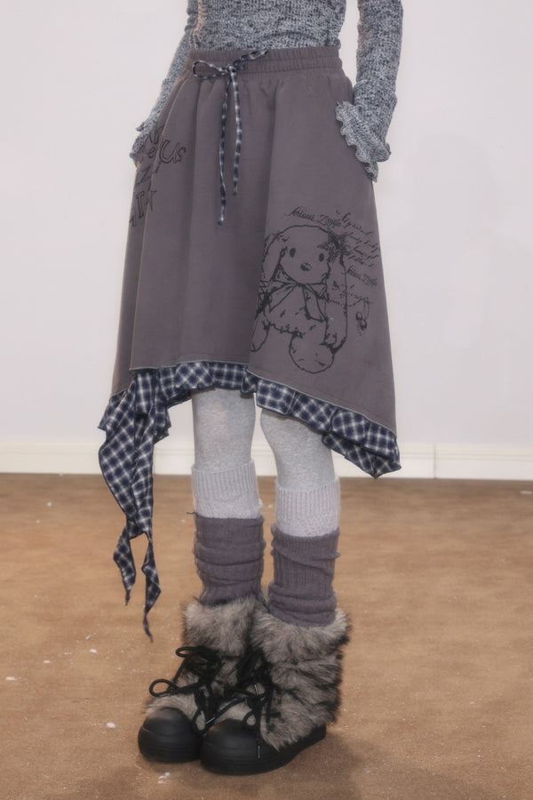Plaid Graffiti Rabbit Irregular Hem Skirt