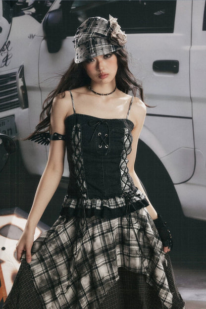 Plaid Splicing Ruffled Denim Camisole Top