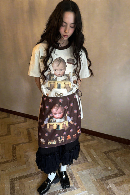 Transparent Doll Print Bowknot Apron Skirt