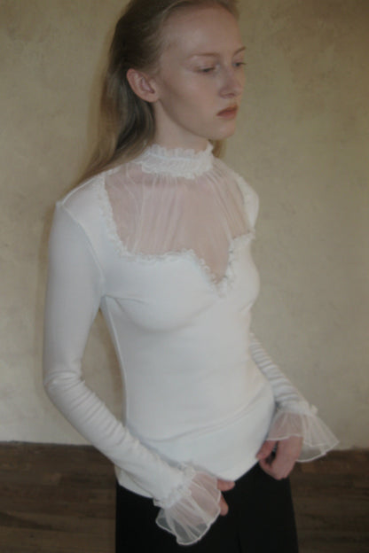 Mesh Ruffle Sleeve Knit Top