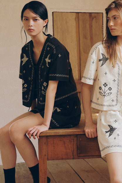 Bird Embroidered Cotton Linen Cardigan And Shorts Set-Up