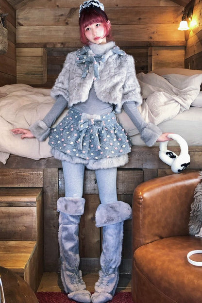 Vintage-Style Fur Patchwork Polka Dot Gray and Pink Set-Up