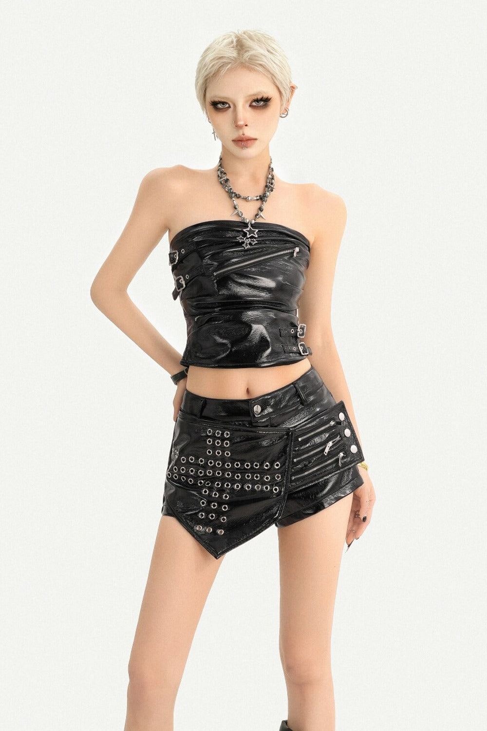 Low-Waist Punk Leather Eyelet Skirt Pants and Tube Top Set-Up