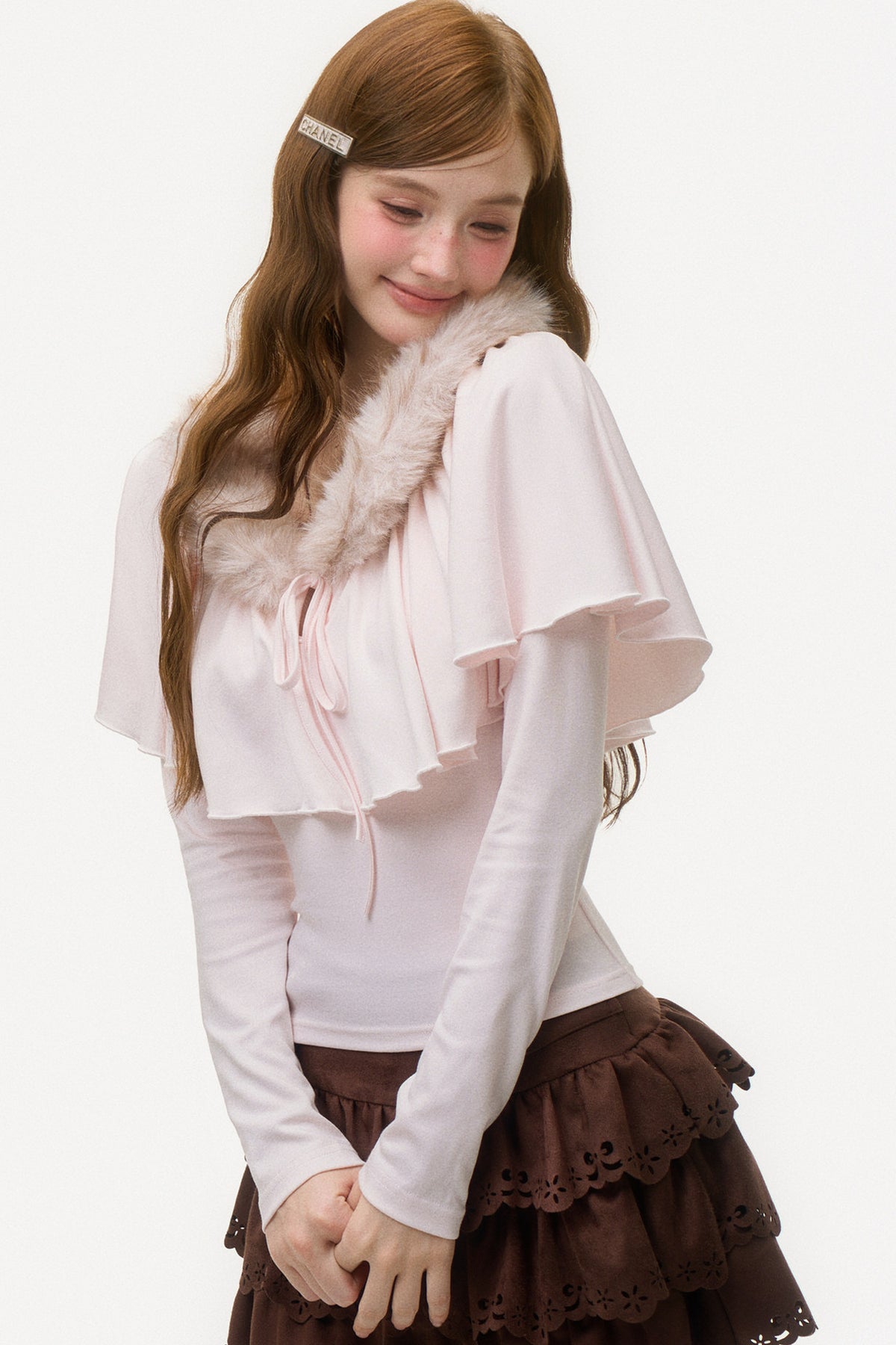 Large Ruffle Cape Shawl Fur Top