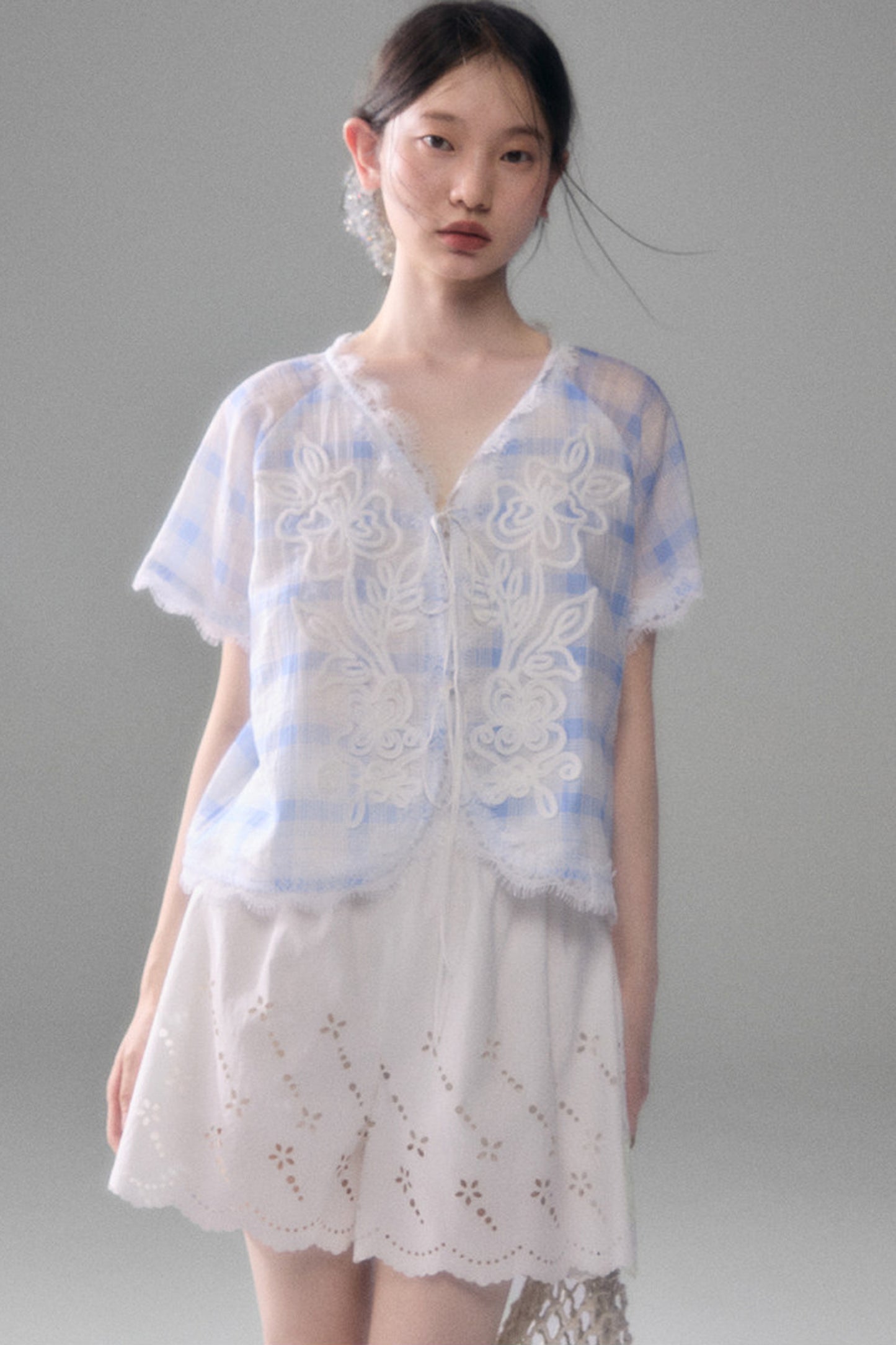 Blue White Checkered Lace Tencel Top Skirt Set-Up