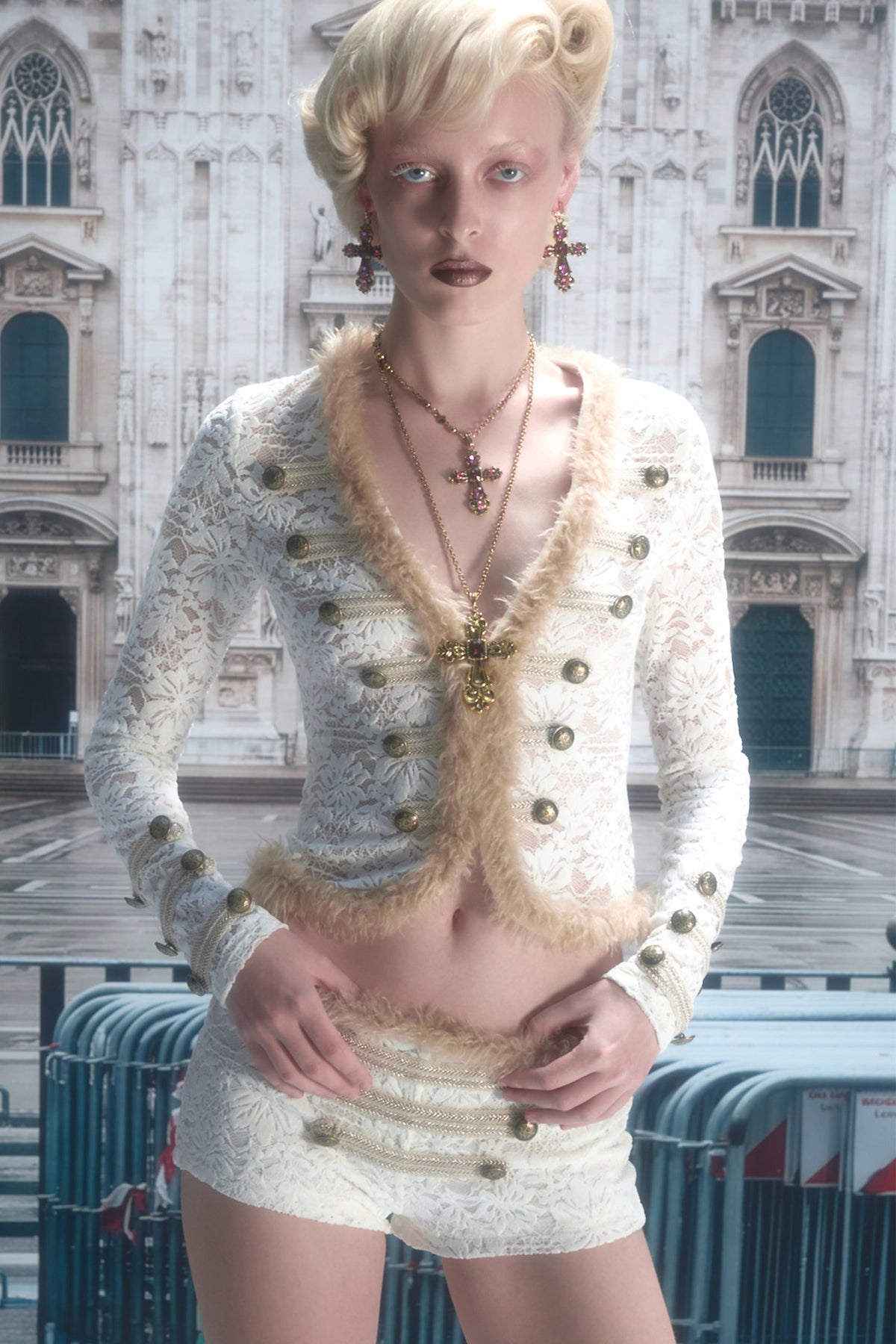 Flocked Lace Long-Sleeve Cardigan and Shorts Set-Up