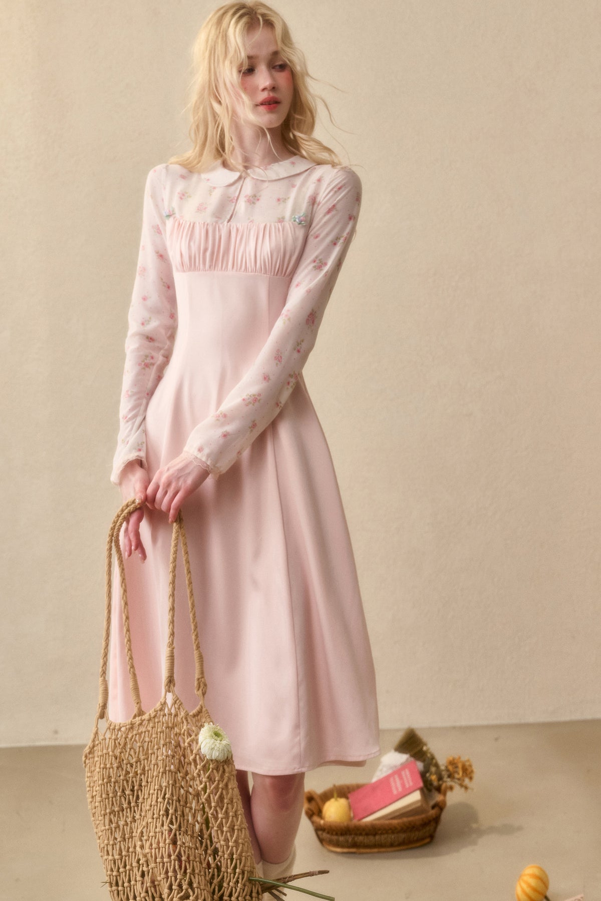 Peach Floral Satin Tencel Dress Set-Up