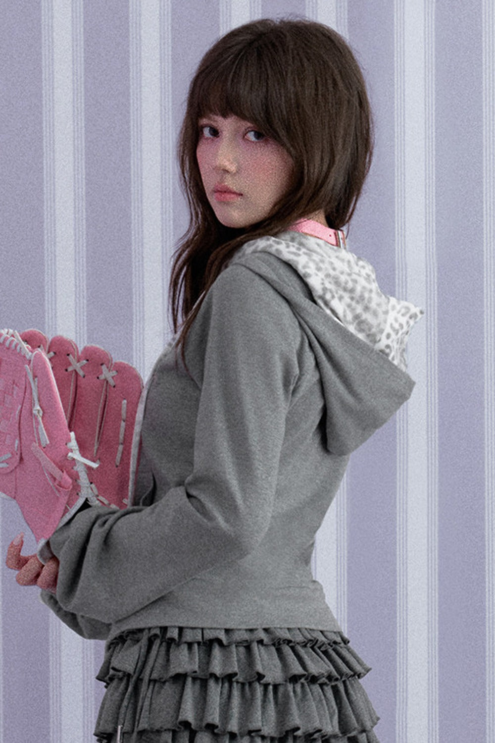 Gray Leopard Print Double-Layer Hooded Sweatshirt Jacket