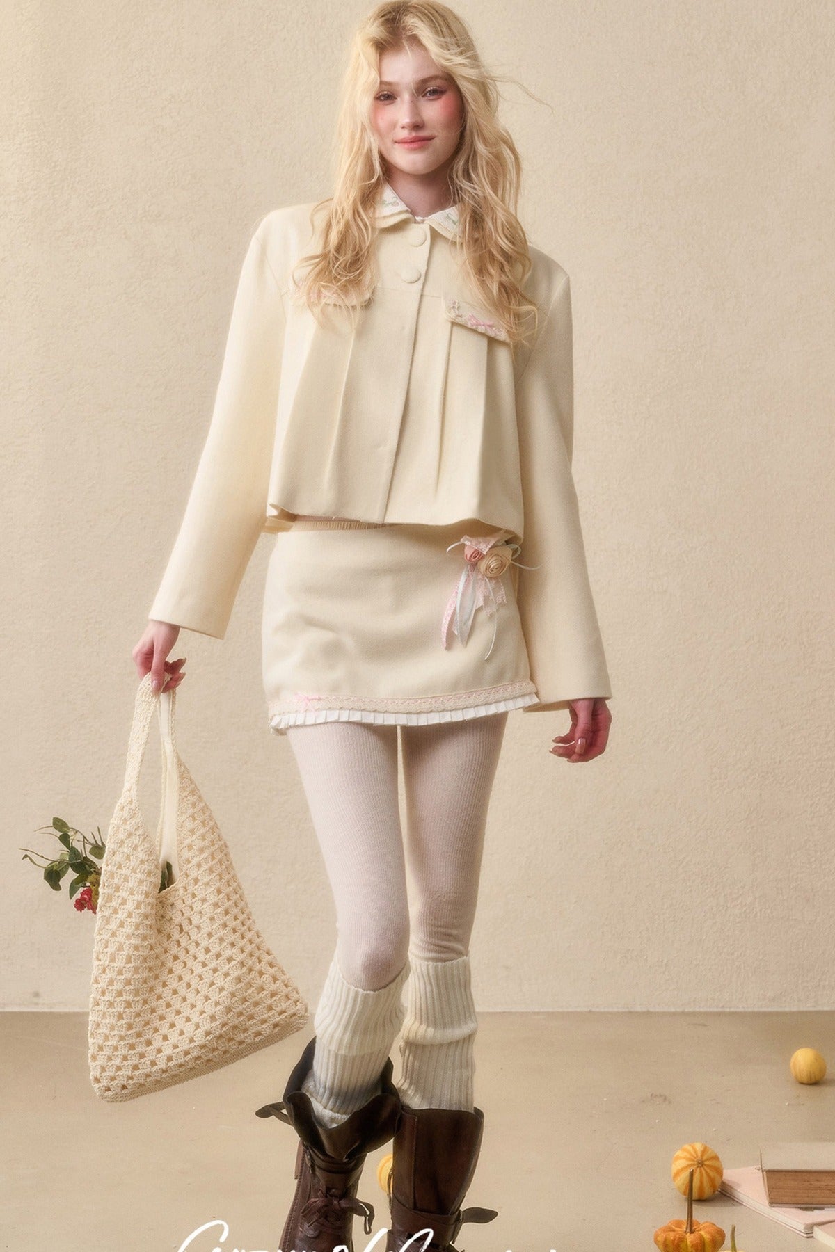 Strawberry Ribbon Tie Embroidered Top and Skirt Set-Up
