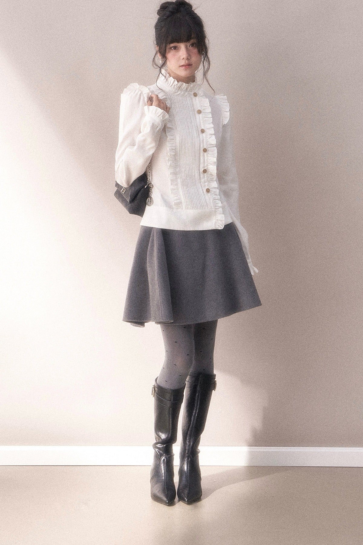 Pleated Lace Ruffle Asymmetrical Long-Sleeved Shirt