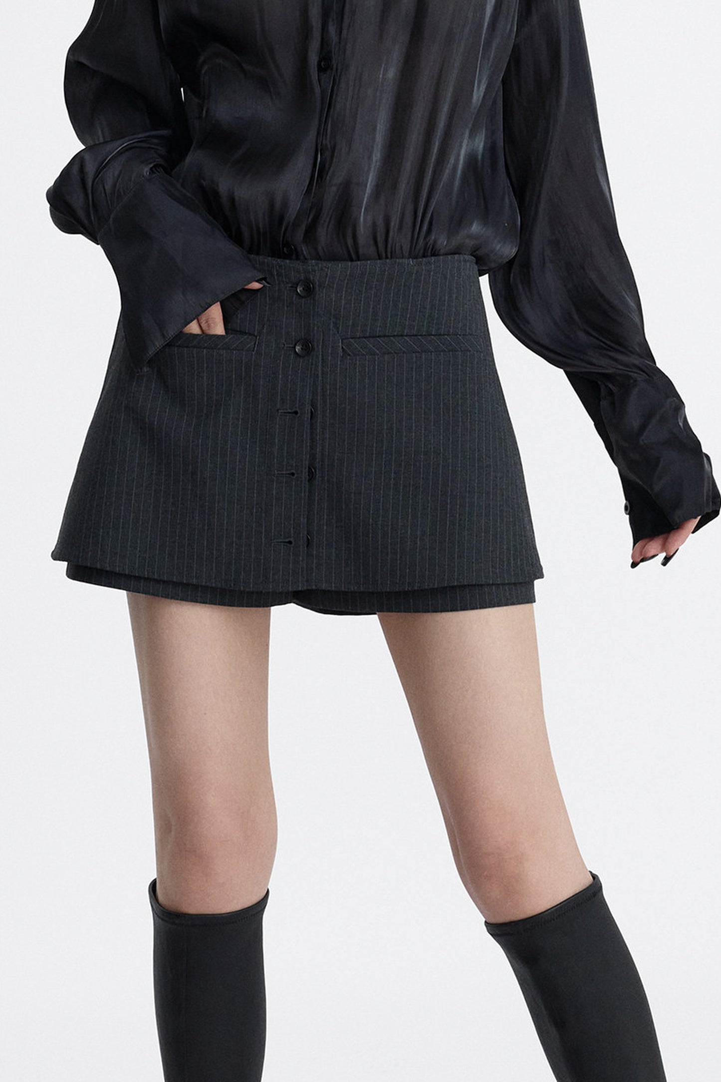 Gray Striped Faux Two-Piece Skirt