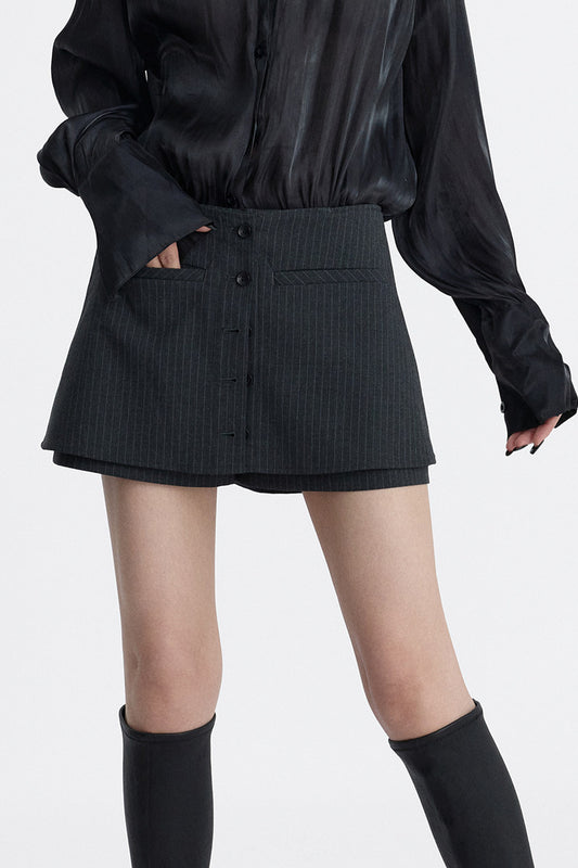 Gray Striped Faux Two-Piece Skirt