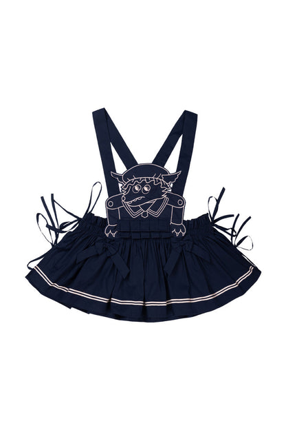 Layered-Look Wolf Embroidery Plaid Apron Dress