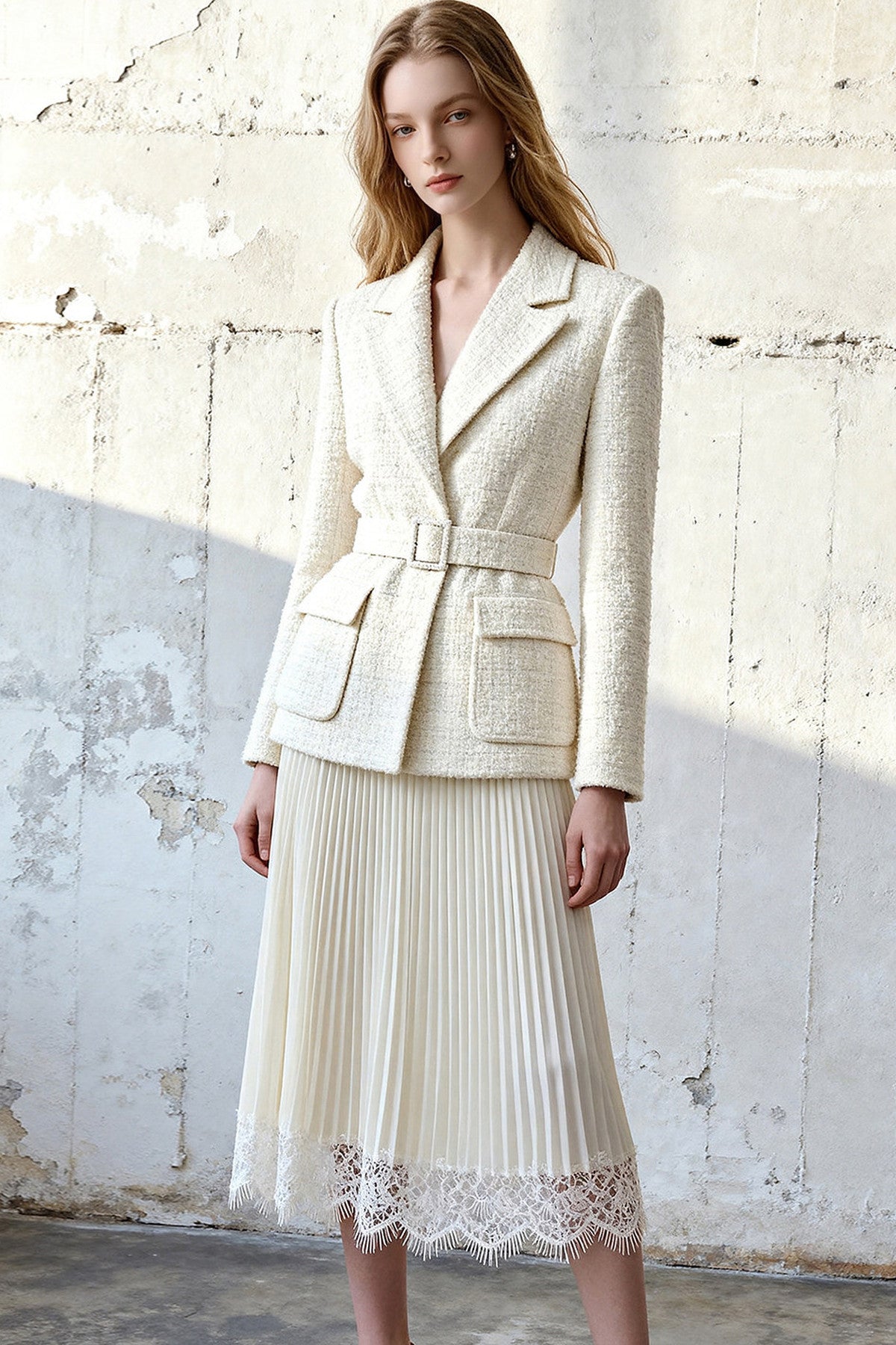 Belted Blazer Top Pleated Skirt Set