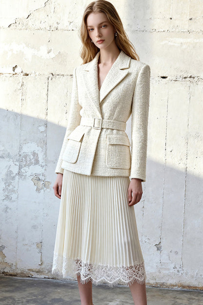 Belted Blazer Top Pleated Skirt Set