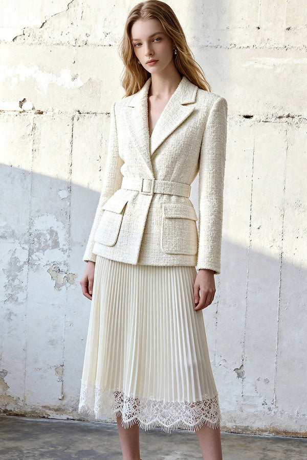 Belted Blazer Top Pleated Skirt Set