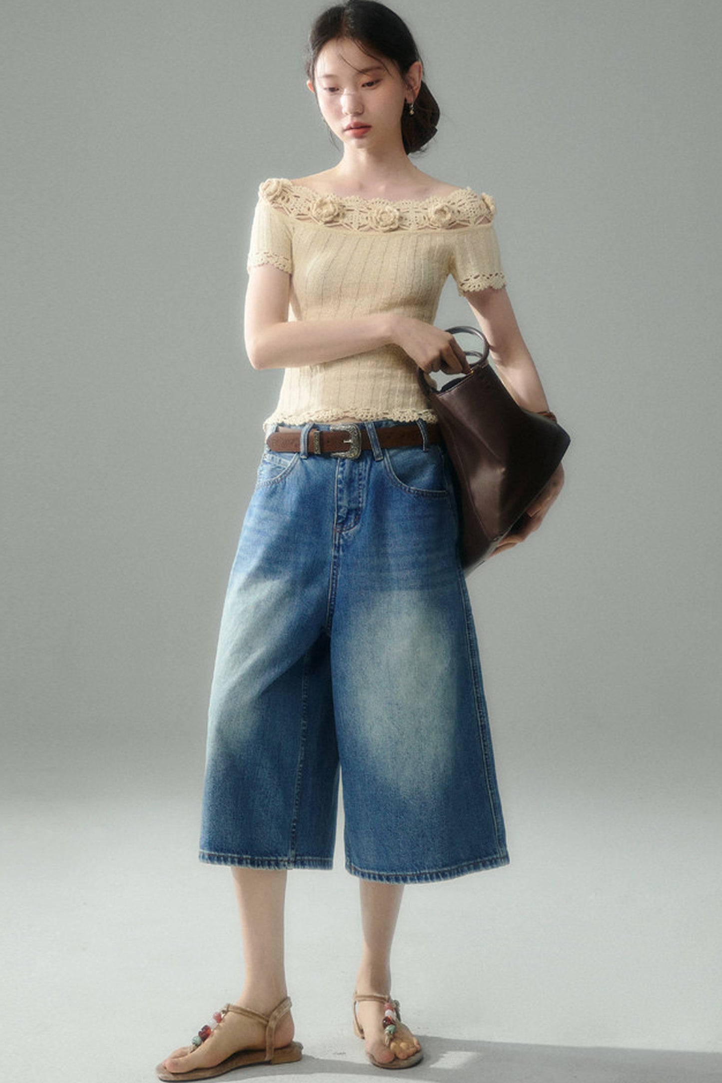 Handmade Crochet Camellia Off-Shoulder Knit Top